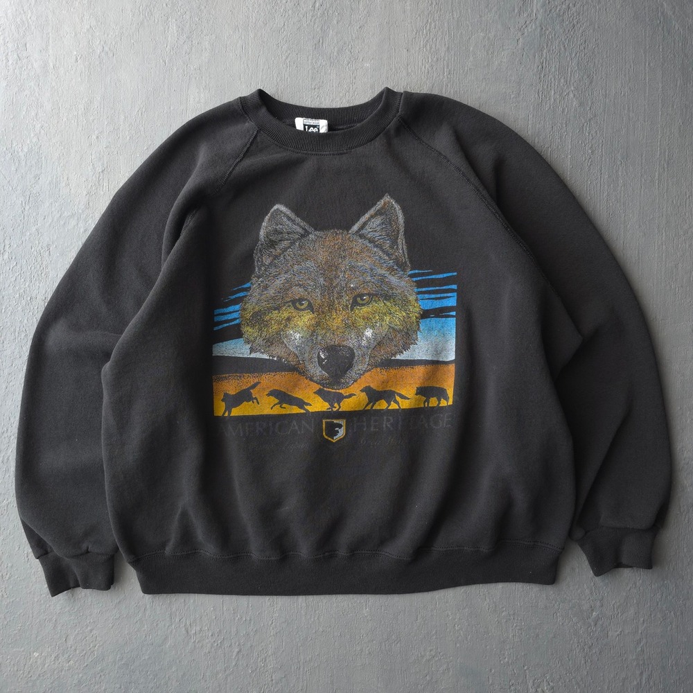 Vintage 90s Lee Black Sweatshirt 2XL American Heritage Wolf Graphic